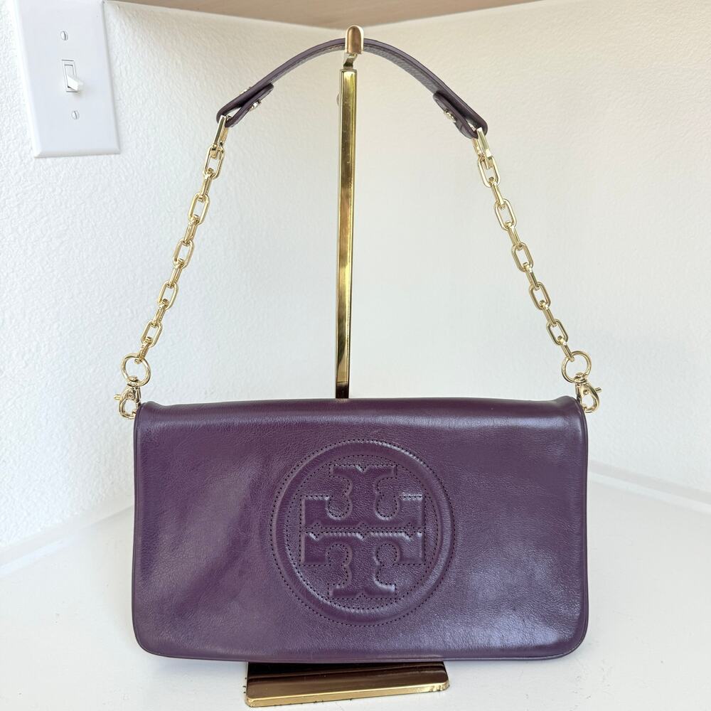 TORY BURCH Reva Shoulder Bag Wild Plum Purple Leather Chain‎ Strap Logo Luxury
